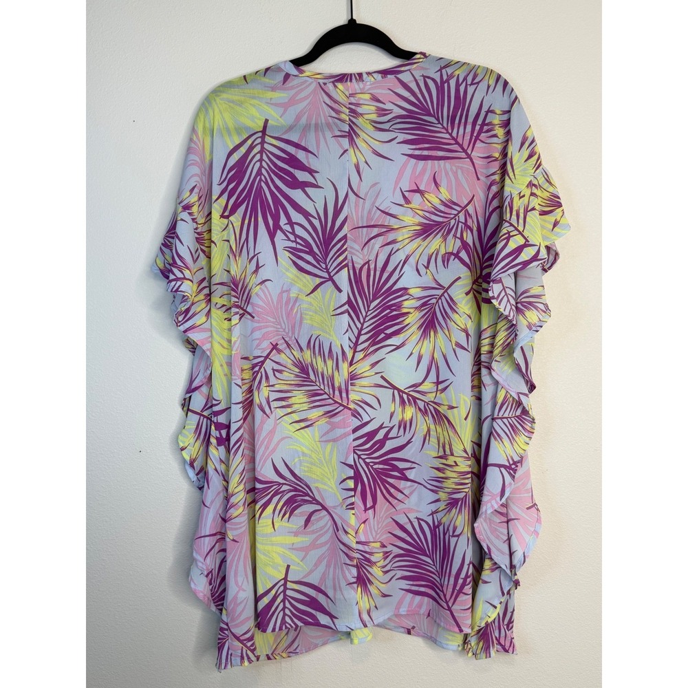 Miken Swim Tropical Palm Leaf Kaftan Cover Up Purple Yellow Blue Large I7223C167 - Picture 2 of 5